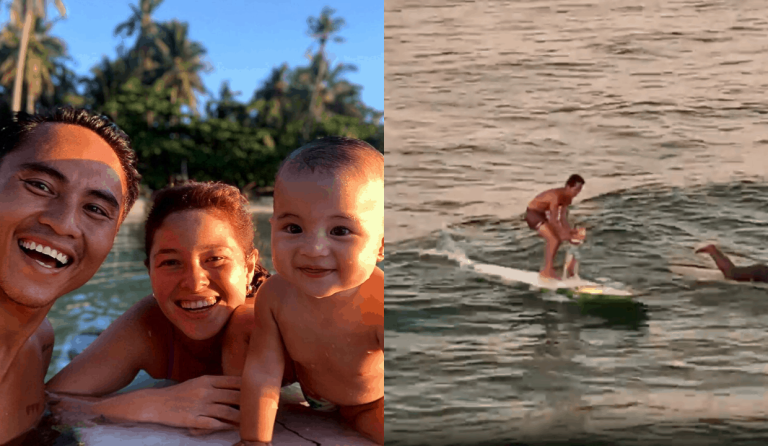 Andi Eigenmann’s baby Lilo goes surfing with dad Philmar for first time