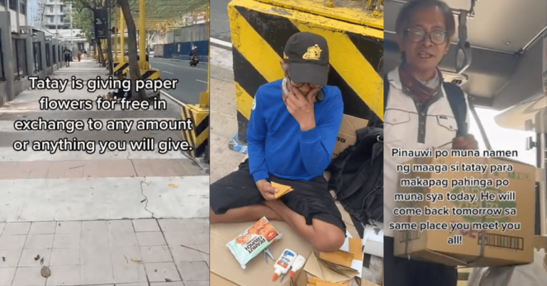 Good samaritan helps a man handing out free origami flowers in Mandaluyong