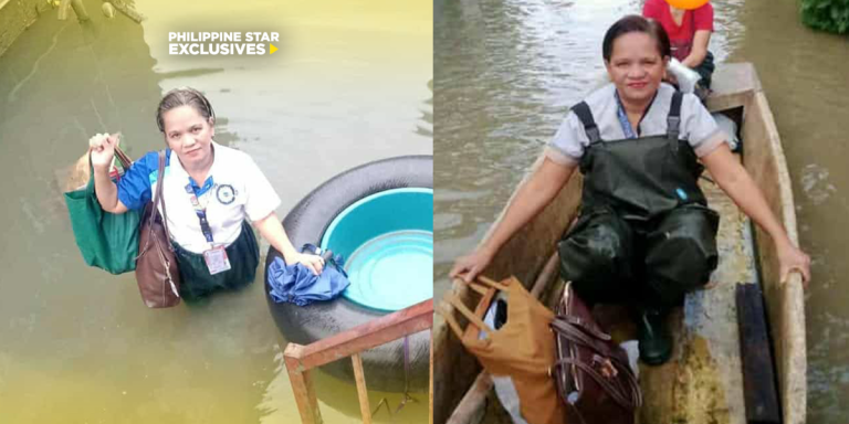 Netizens laud teacher for still reporting to school despite flood in their neighborhood